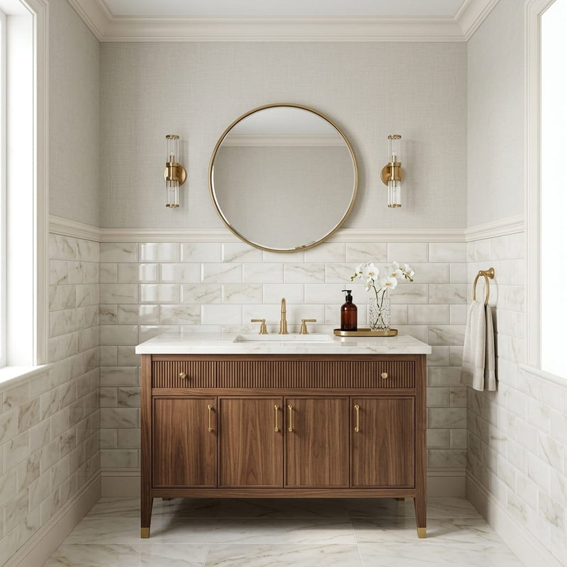 Calacatta Oliva Marble 3x6 Polished Tile — Powder Room wainscot