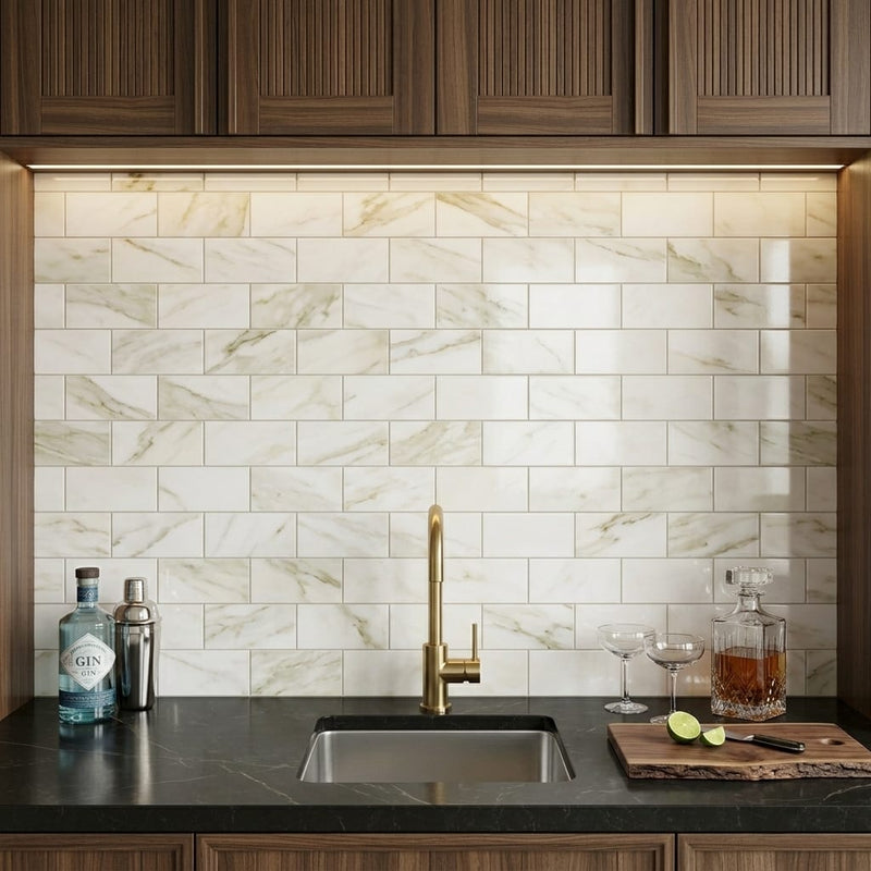 Calacatta Oliva Marble 3x6 Polished Tile — Wet Bar backsplash