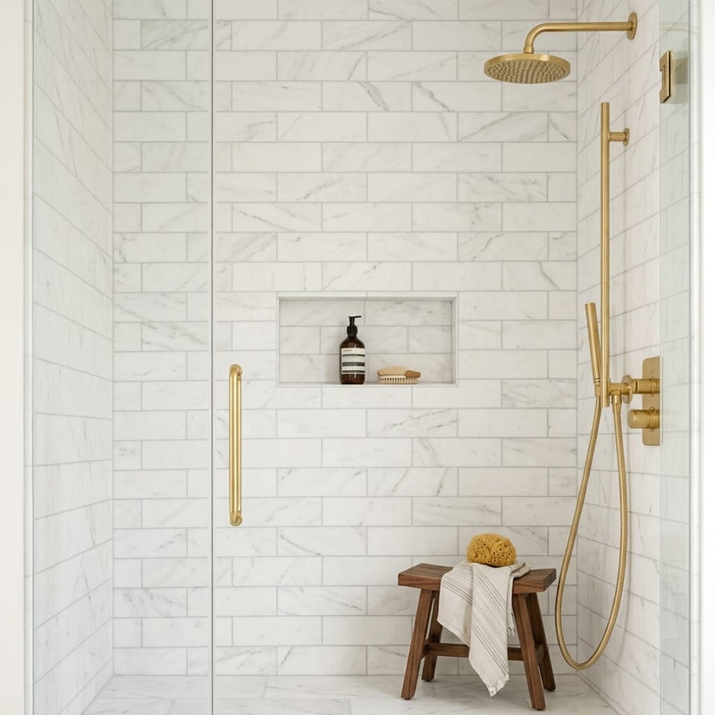 Calacatta Oliva Marble 4x12 Honed Tile — Bathroom shower wall