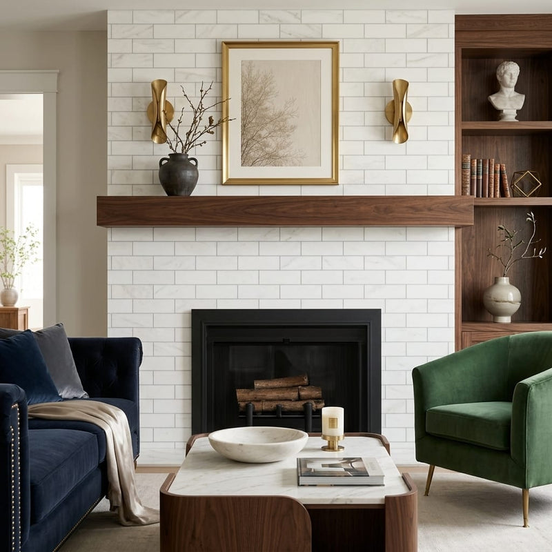 Calacatta Oliva Marble 4x12 Honed Tile — Living Room fireplace surround