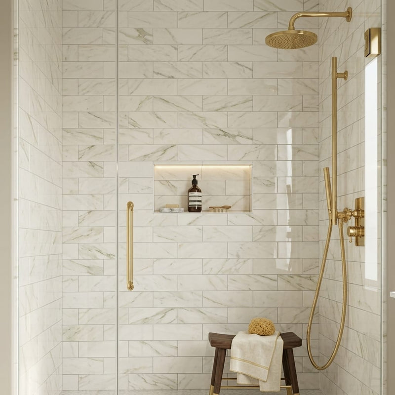 Calacatta Oliva Marble 4x12 Polished Tile — Bathroom shower wall