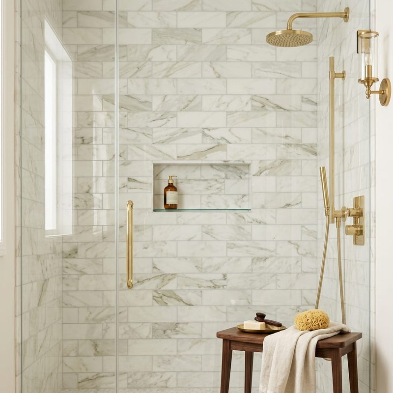 Calacatta Oliva Marble 4x12 Polished Tile — Bathroom shower wall