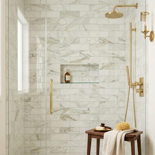 Calacatta Oliva Marble 4x12 Polished Tile — Bathroom shower wall