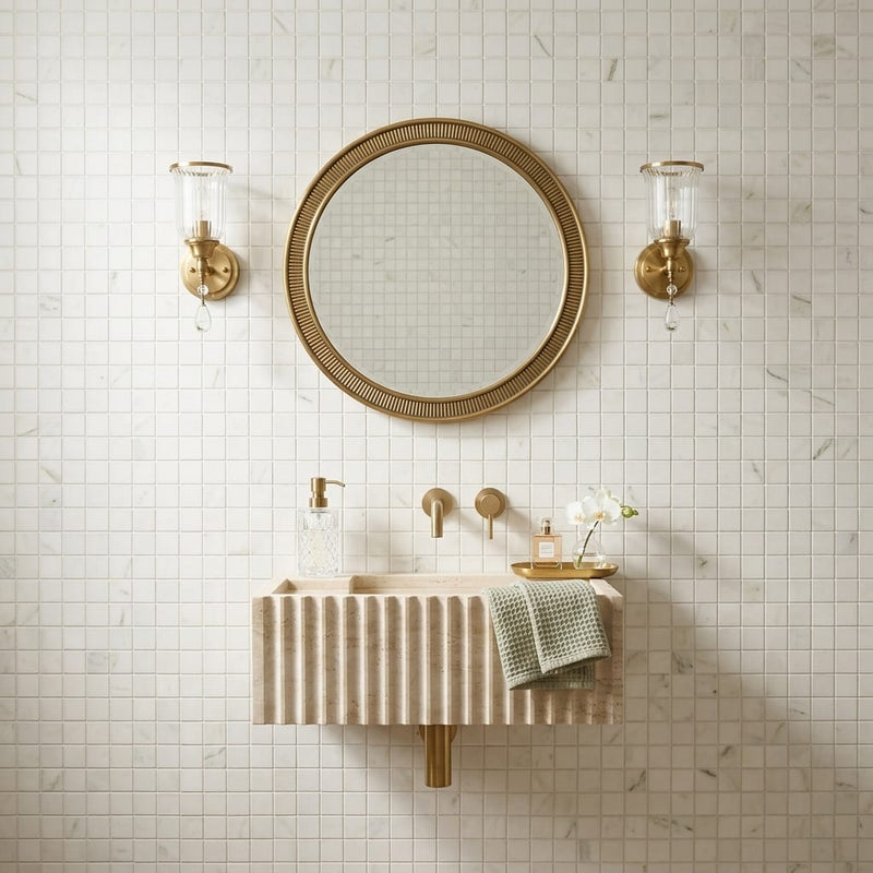 Calacatta Oliva Marble 5/8x5/8 (Staggered) Honed Mosaic — Powder Room wall