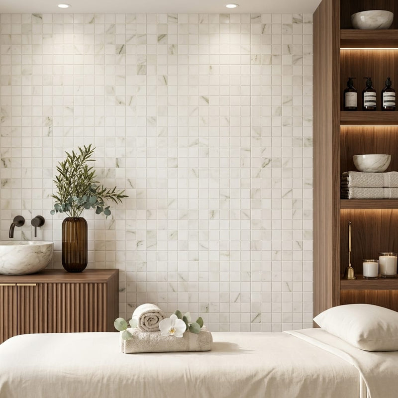 Calacatta Oliva Marble 5/8x5/8 (Staggered) Honed Mosaic — Spa spa interior