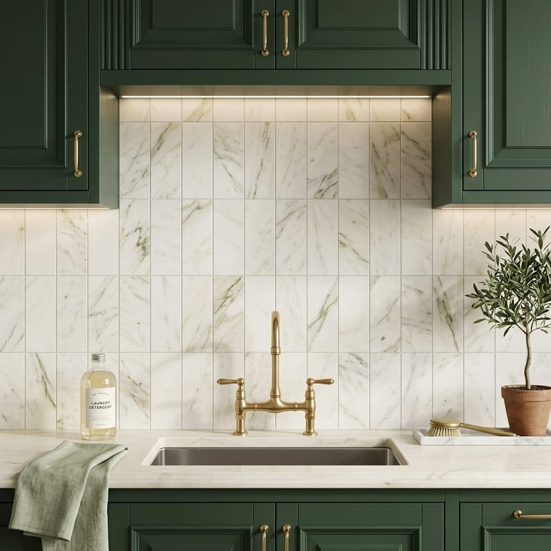 Calacatta Oliva Marble 6x12 Honed Tile — Laundry Room backsplash
