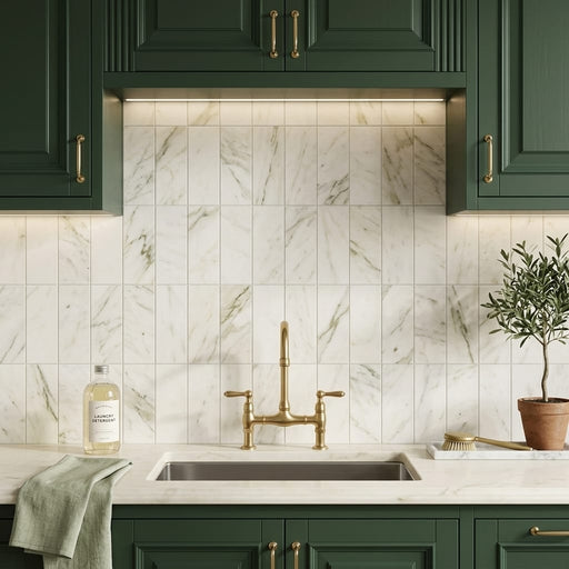 Calacatta Oliva Marble 6x12 Honed Tile — Laundry Room backsplash