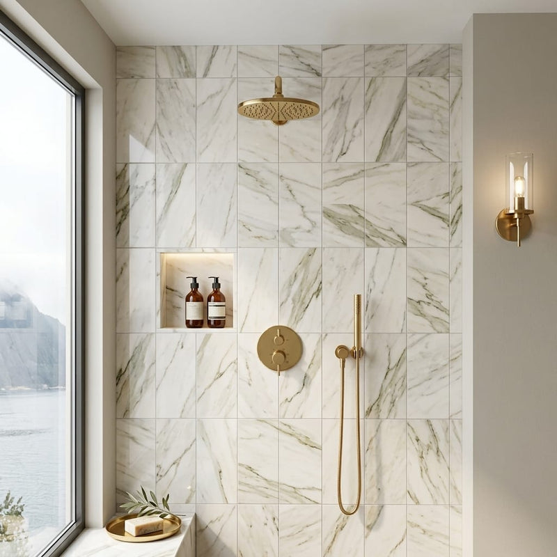 Calacatta Oliva Marble 6x12 Polished Tile — Bathroom shower wall