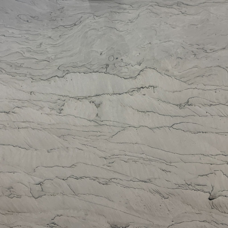 Close-up of Calacatta Silk quartzite with flowing dark grey veins across a soft grey-beige background.