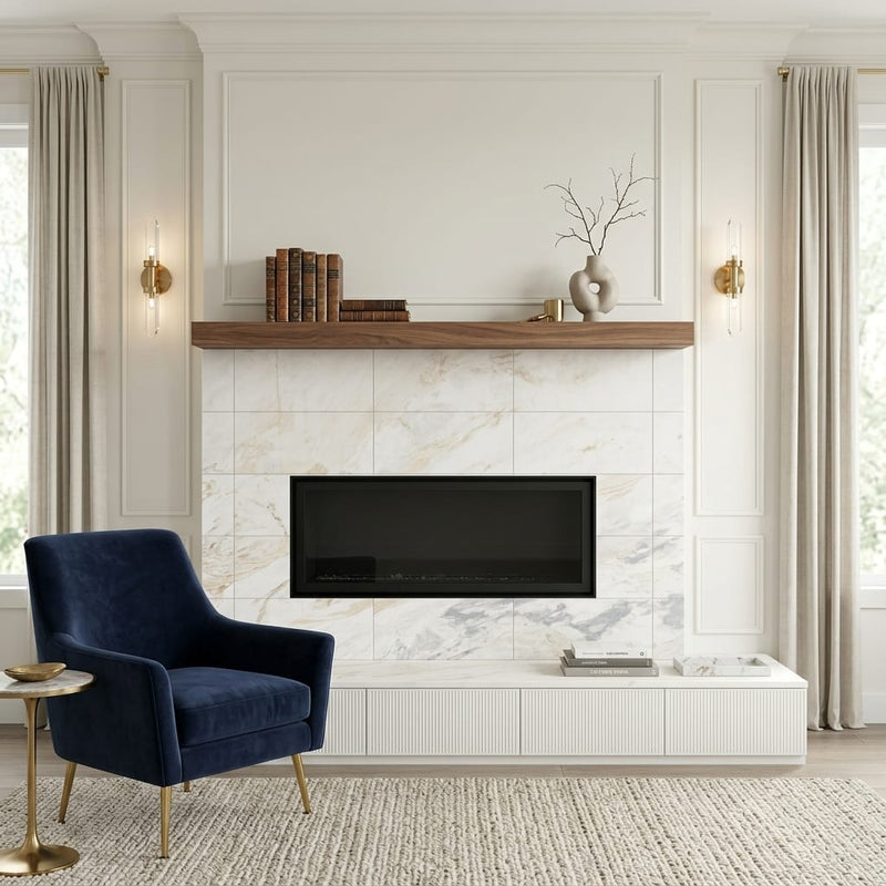 Calacatta Umber 12x24 Honed Marble Tile — Living Room fireplace surround
