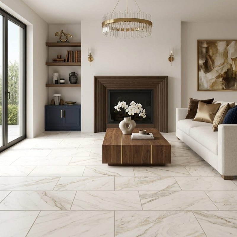 Calacatta Umber 12x24 Honed Marble Tile — Living Room floor
