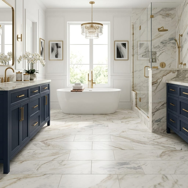 Calacatta Umber 12x24 Honed Marble Tile — Primary Bath floor