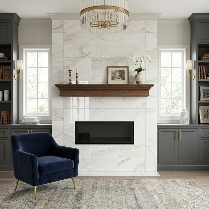 Calacatta Umber 12x24 Polished Marble Tile — Living Room fireplace surround