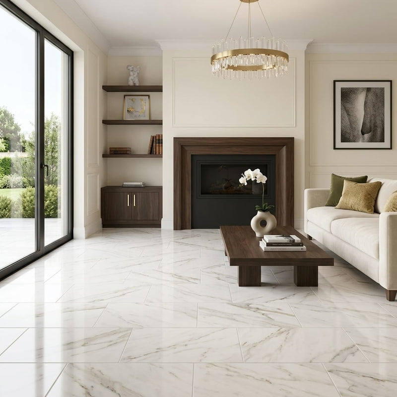 Calacatta Umber 12x24 Polished Marble Tile — Living Room floor