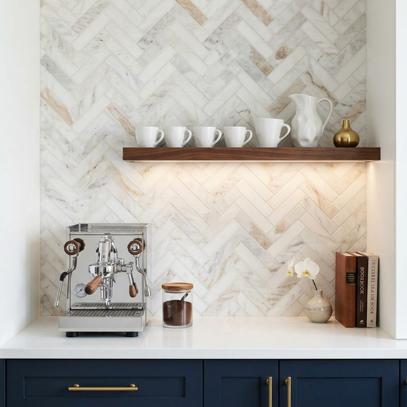 Calacatta Umber 1x4 Herringbone Honed Marble Mosaic — Kitchen backsplash