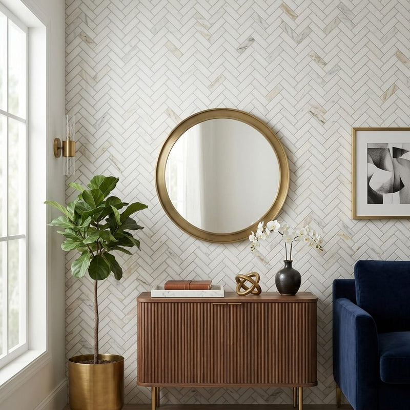 Calacatta Umber 1x4 Herringbone Honed Marble Mosaic — Living Room accent wall