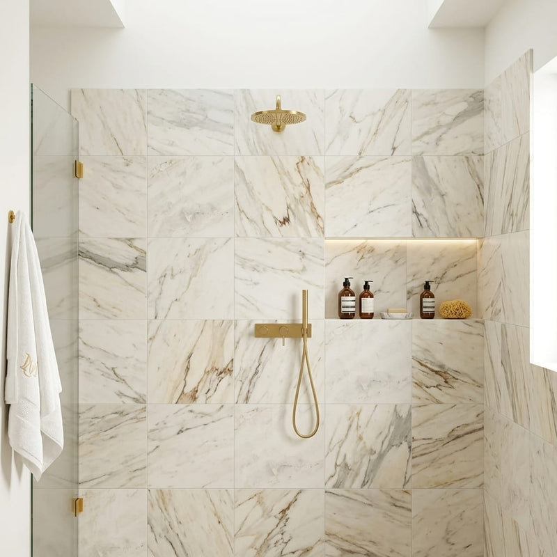 Calacatta Umber 24x24 Honed Marble Tile — Bathroom shower wall