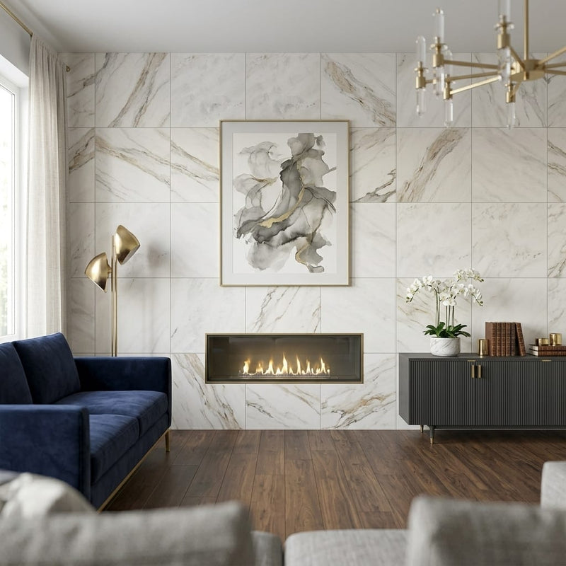 Calacatta Umber 24x24 Honed Marble Tile — Living Room feature wall