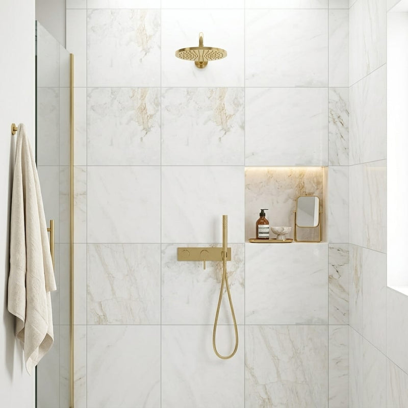 Calacatta Umber 24x24 Polished Marble Tile — Bathroom shower wall