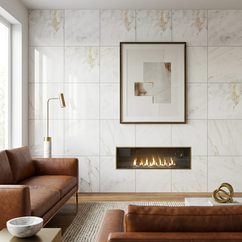 Calacatta Umber 24x24 Polished Marble Tile — Living Room feature wall