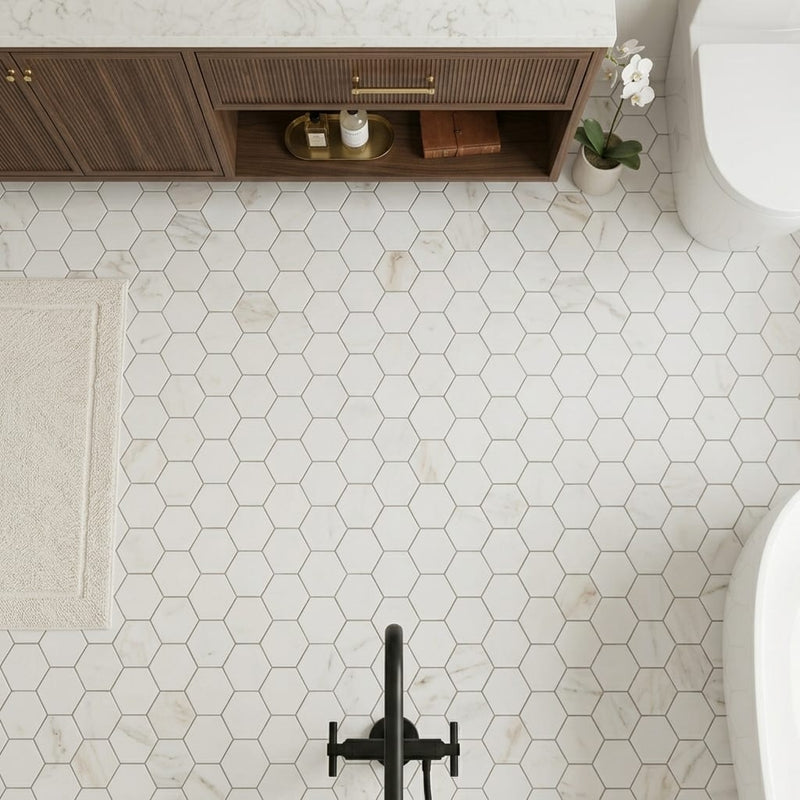 Calacatta Umber 2x2 Hexagon Honed Marble Mosaic — Bathroom floor