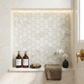 Calacatta Umber 2x2 Hexagon Honed Marble Mosaic — Bathroom niche