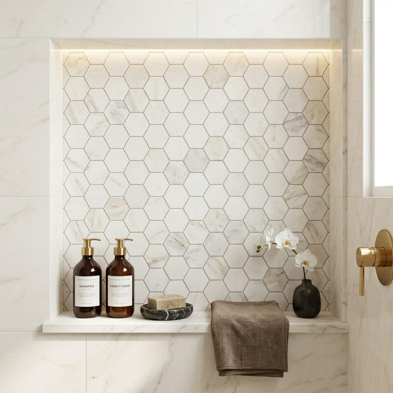 Calacatta Umber 2x2 Hexagon Honed Marble Mosaic — Bathroom niche