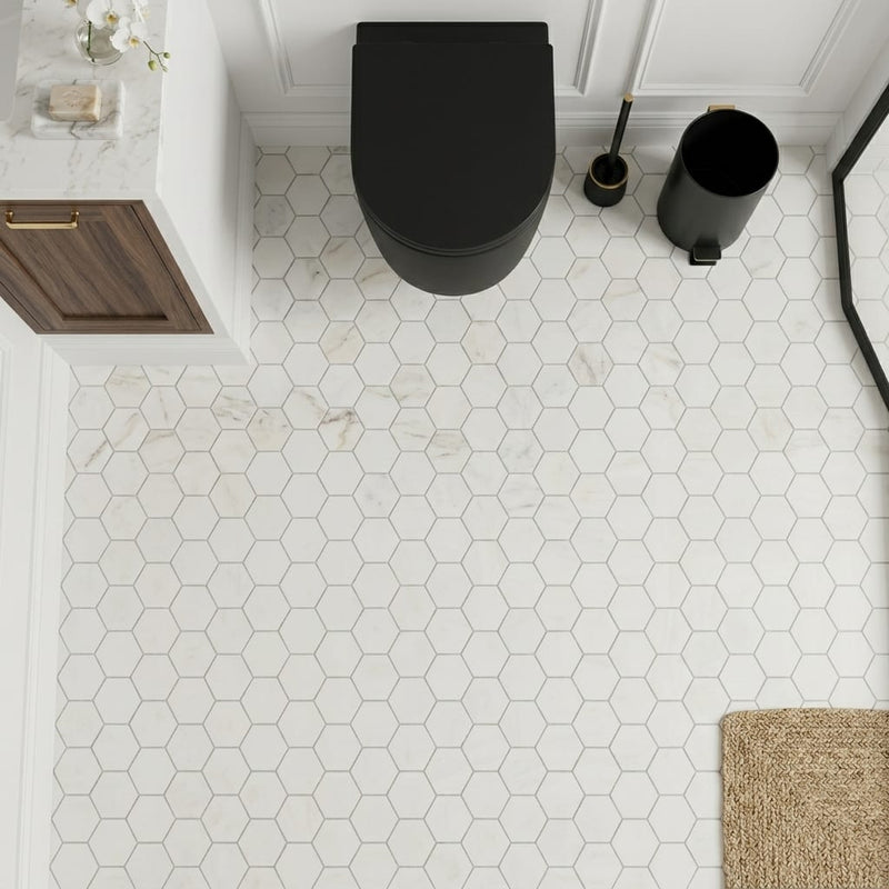 Calacatta Umber 2x2 Hexagon Honed Marble Mosaic — Powder Room floor