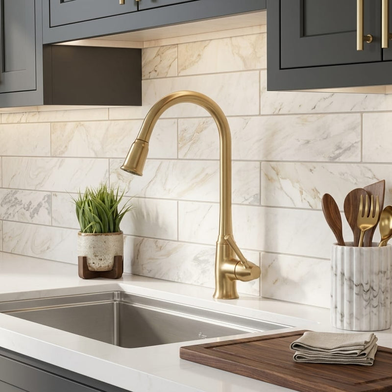 Calacatta Umber 3x12 Honed Marble Tile — Kitchen backsplash edge