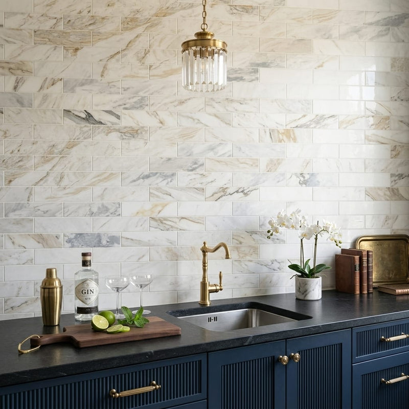 Calacatta Umber 3x12 Honed Marble Tile — Wet Bar backsplash