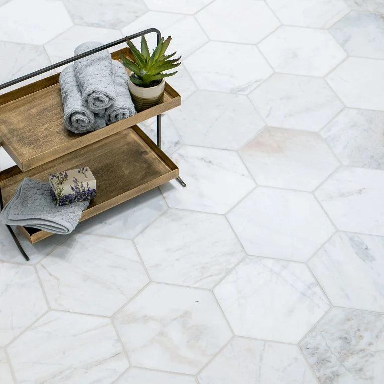 Calacatta Umber 8x8 Hexagon Honed Marble Mosaic