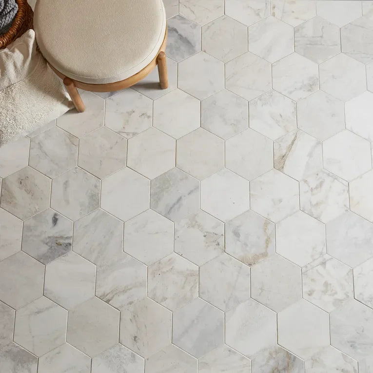 Calacatta Umber 8x8 Hexagon Honed Marble Mosaic