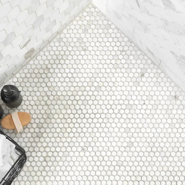 Calacatta Umber Penny Round 3/4 Inch Honed Marble Mosaic