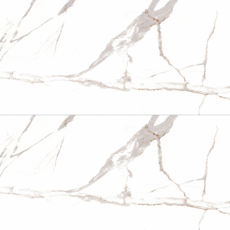 Two Calcatta Oro 24x48 polished porcelain tiles with gray and subtle gold veining on a white surface.