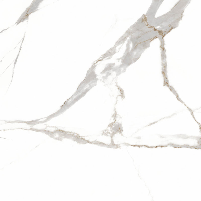 Calcatta Oro 32x32 polished porcelain tile with a white surface and gray and subtle gold marble-look veining.