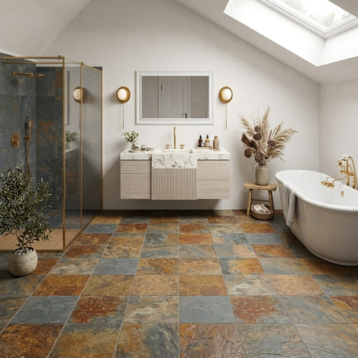 California Gold 12x12 Gauged Slate Tile — Bathroom floor