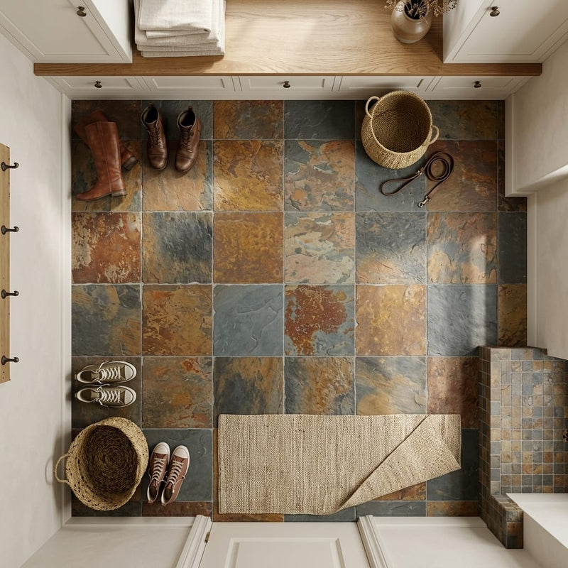California Gold 12x12 Gauged Slate Tile — Mudroom floor