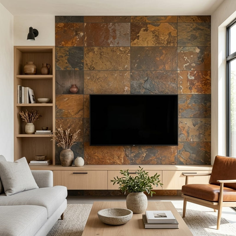 California Gold 12x24 Gauged Slate Tile — Living Room feature wall