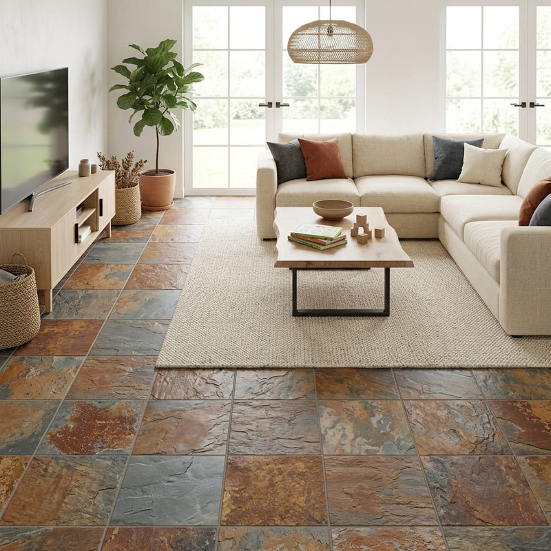 California Gold 16x16 Gauged Slate Tile — Family Room floor