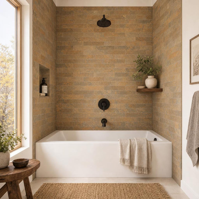 California Gold 2.5x12 Handcut Slate Wainscot Sill 3x12 tile — Bathroom tub surround