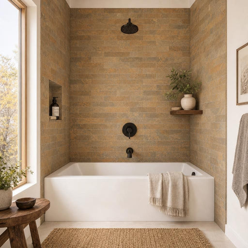 California Gold 2.5x12 Handcut Slate Wainscot Sill 3x12 tile — Bathroom tub surround