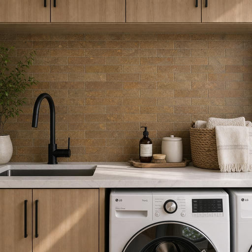 California Gold 2.5x12 Handcut Slate Wainscot Sill 3x12 tile — Laundry Room backsplash