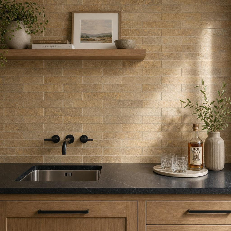 California Gold 2.5x12 Handcut Slate Wainscot Sill 3x12 tile — Wet Bar backsplash