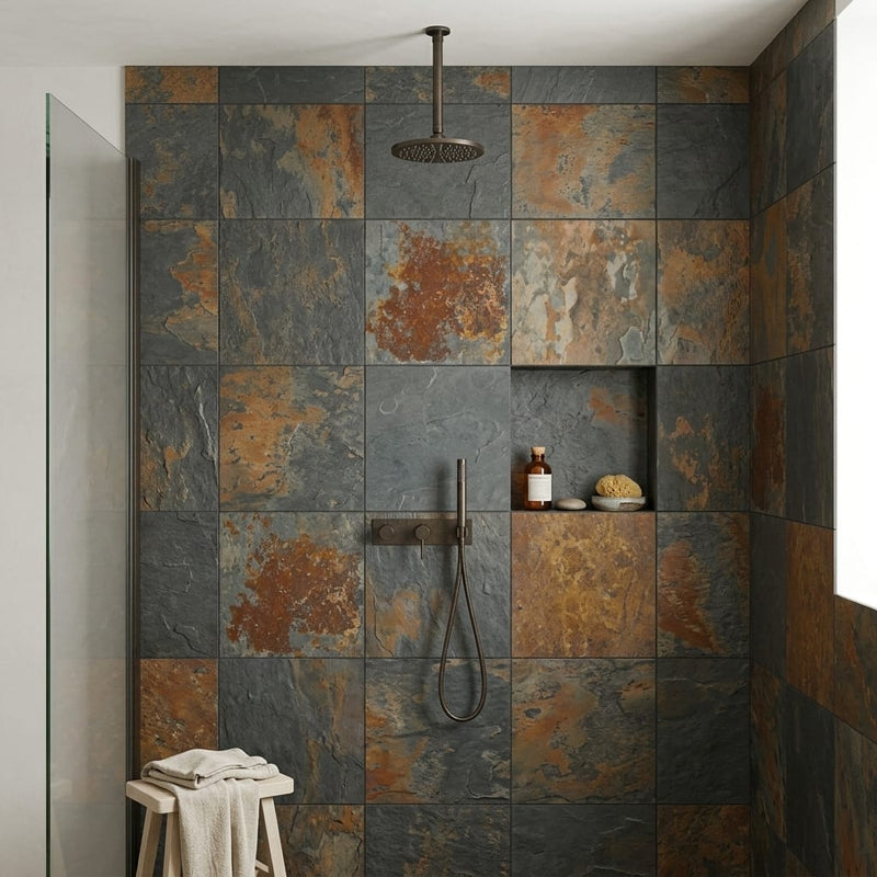 California Gold 24x24 Gauged Slate Tile — Bathroom shower wall