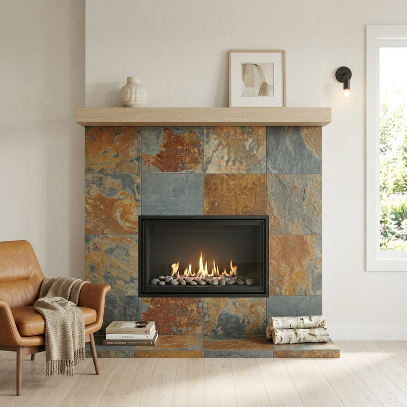 California Gold 24x24 Gauged Slate Tile — Living Room fireplace surround