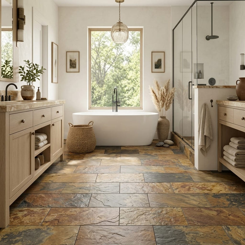 California Gold Slate Natural 10 x 24 x 2 Slate Wall Cap Cap 12x24 tile — Primary Bath floor