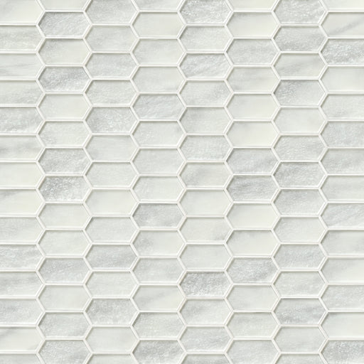 Calypso Picket Pattern glass mosaic tile with elongated picket shapes in soft white and light gray tones.