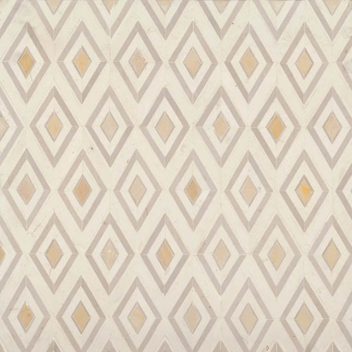 Cape Town Diamond In The Rough Geel 15x8.25 glass mosaic sheet with cream and taupe diamond patterns and pale gold centers.