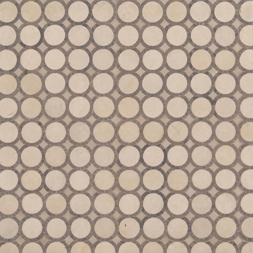 Cape Town Green Point Goal Grys 11.25x11.25 glass mosaic sheet with cream circular pieces surrounded by gray mosaic rings.