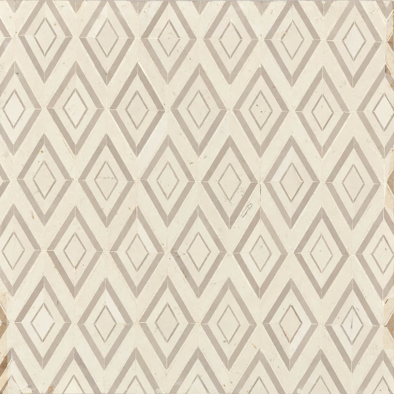 Cape Town Ivoor 15x8.25 glass mosaic with ivory and beige elongated diamond patterns.